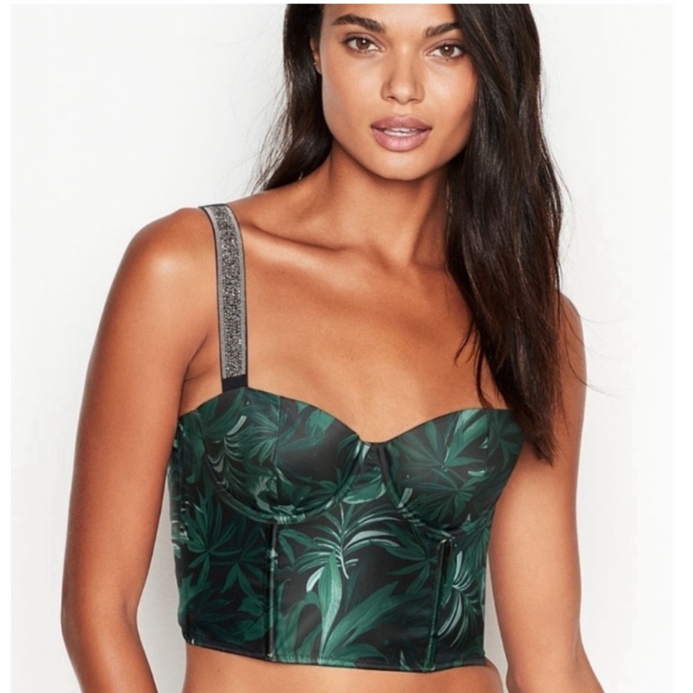 Victoria's Secret Bustier Black Green Floral Palm Rhinestones Crystals 36DD NWT